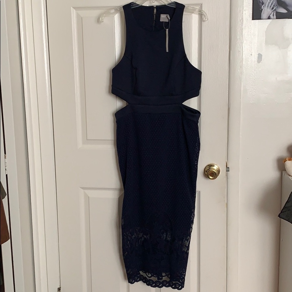 Navy Blue Elegant Pace Cut Out Crew Neck Midi